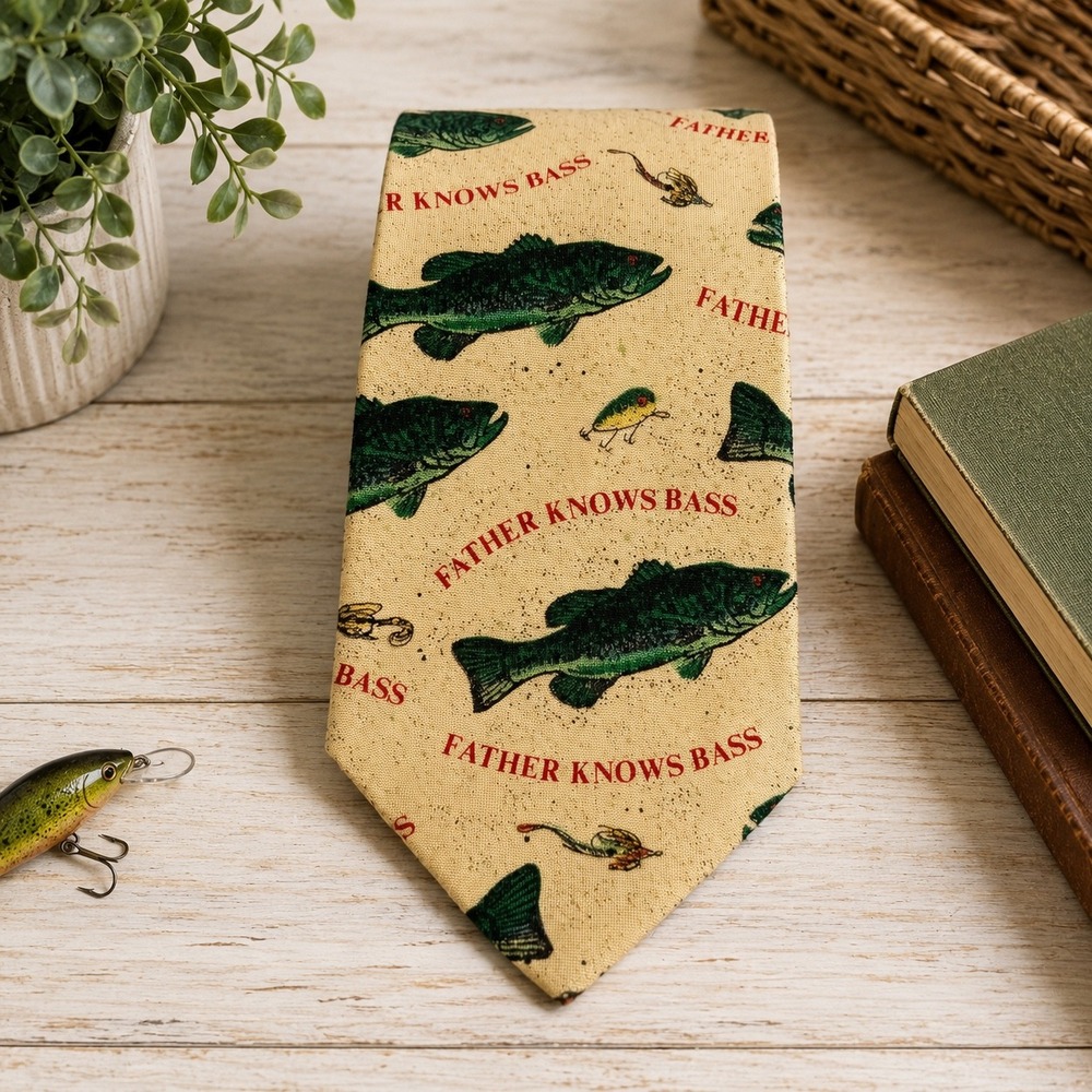 Shoebox Hallmark Mens Tie Father Knows Bass Fishing Novelty Tan‎ Green USA Made